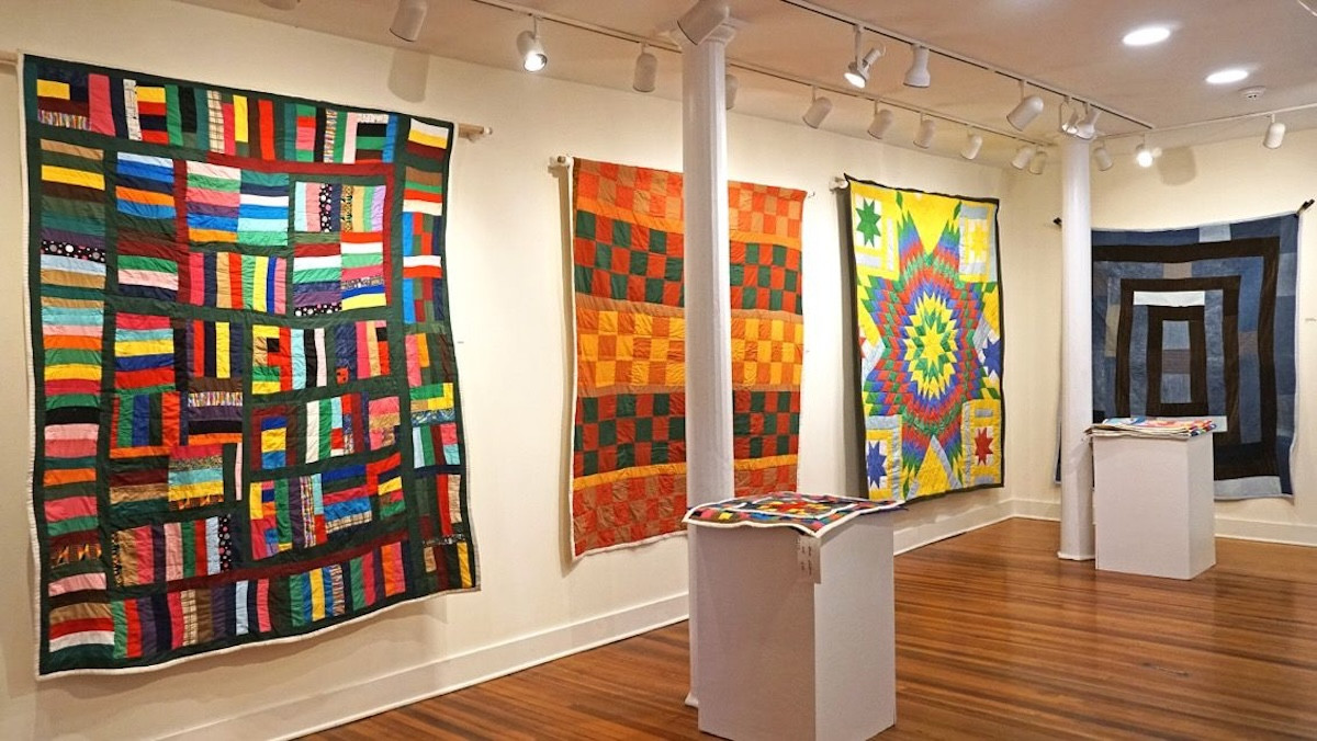 A view of &ldquo;Gee&rsquo;s Bend: The Next Generation&rdquo; exhibition. From left, Sharon Ann Williams&rsquo;s &ldquo;Williams Girl&rdquo;; Sharon Ann Williams&rsquo;s &ldquo;My Way Block; Stella Mae Pettway&rsquo;s &ldquo;8 Point Star&rdquo;; and Lola Pettway&rsquo;s &ldquo;House Top.&rdquo; - Peter Blandori