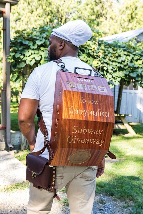 Jackson with the backpack he crafted for guerrilla marketing on the subway in New York City. His handcrafted raffle giveaways were a hit and he was gathering a growing following until the pandemic.&nbsp;
