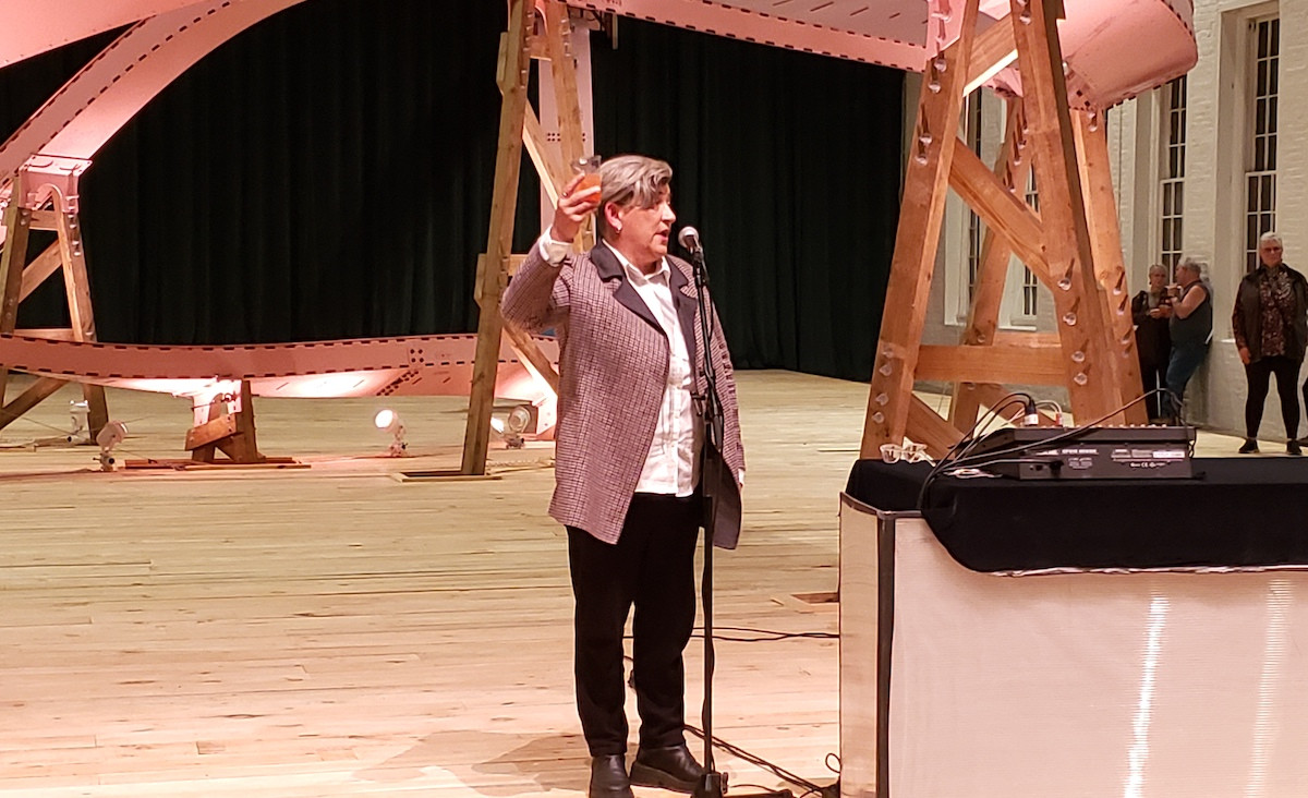 MASS MoCA Director Kristy Edmunds leads the crowd in a toast to joy. MASS MoCA Director Kristy Edmunds leads the crowd in a toast to joy.