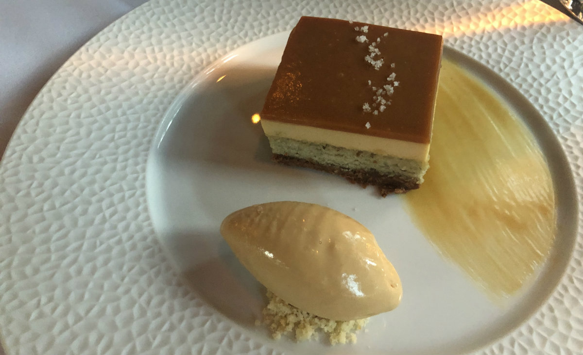 Caramel Entremet, fig biscuit, Earl Grey feuilletine, salted caramel ice cream Caramel Entremet, fig biscuit, Earl Grey feuilletine, salted caramel ice cream