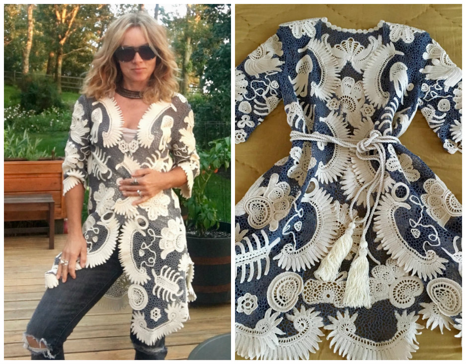 Beata Gershon in a cardigan/long sweater, made for her in Bulgaria from a Russian pattern she supplied. "It took many months for the woman in Bulgaria to make," Gershon says. "It is a very unique piece...Irish crochet with a modern take."