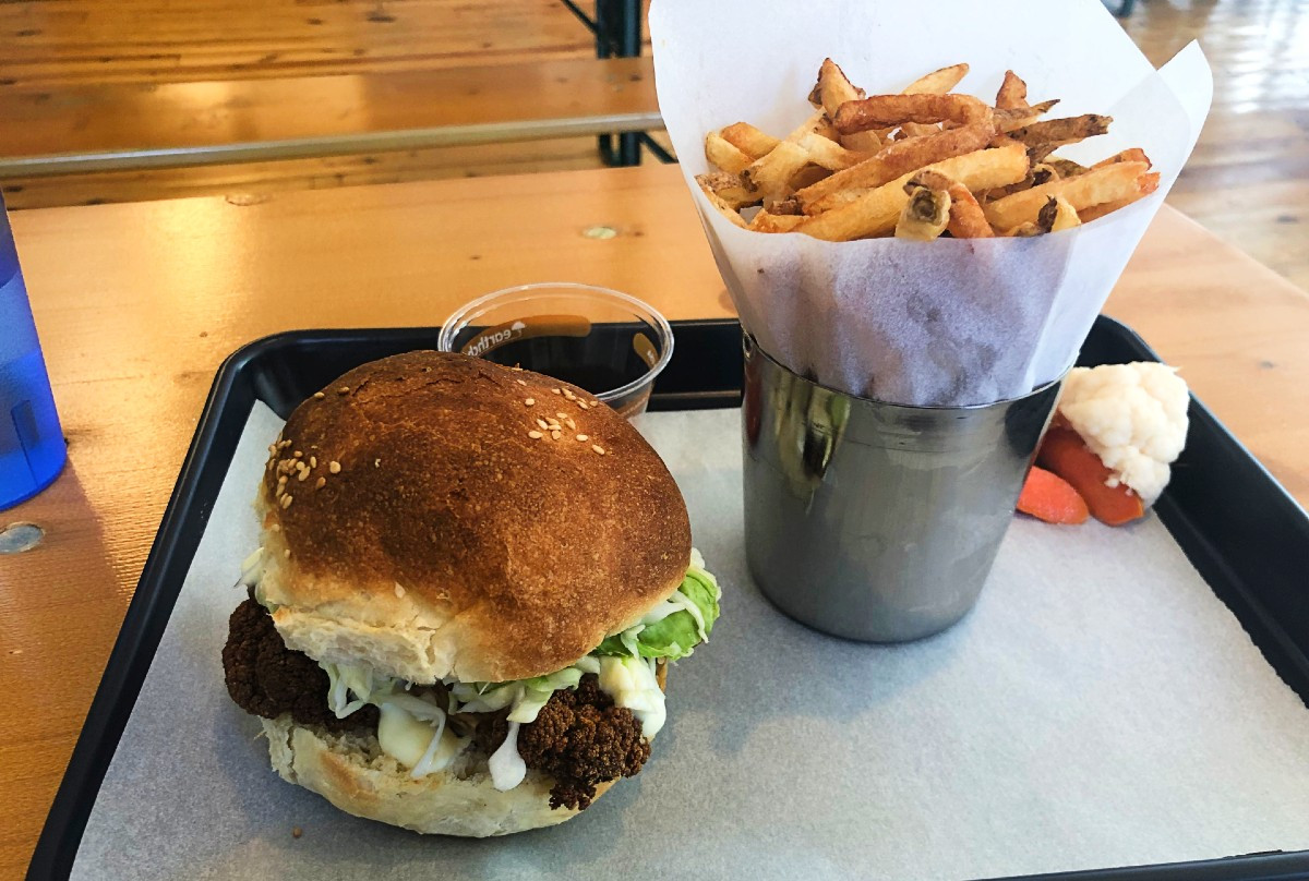 Fried cauliflower sandwich with salt and vinegar fries