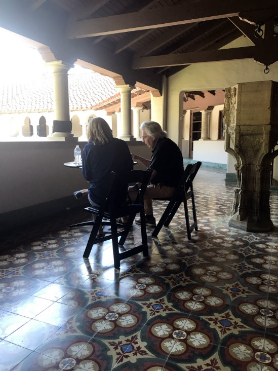 Farrell and a production assistant monitor the taping of Antiques Roadshow Season 24 at the McNay Art Museum in San Antonio last spring.