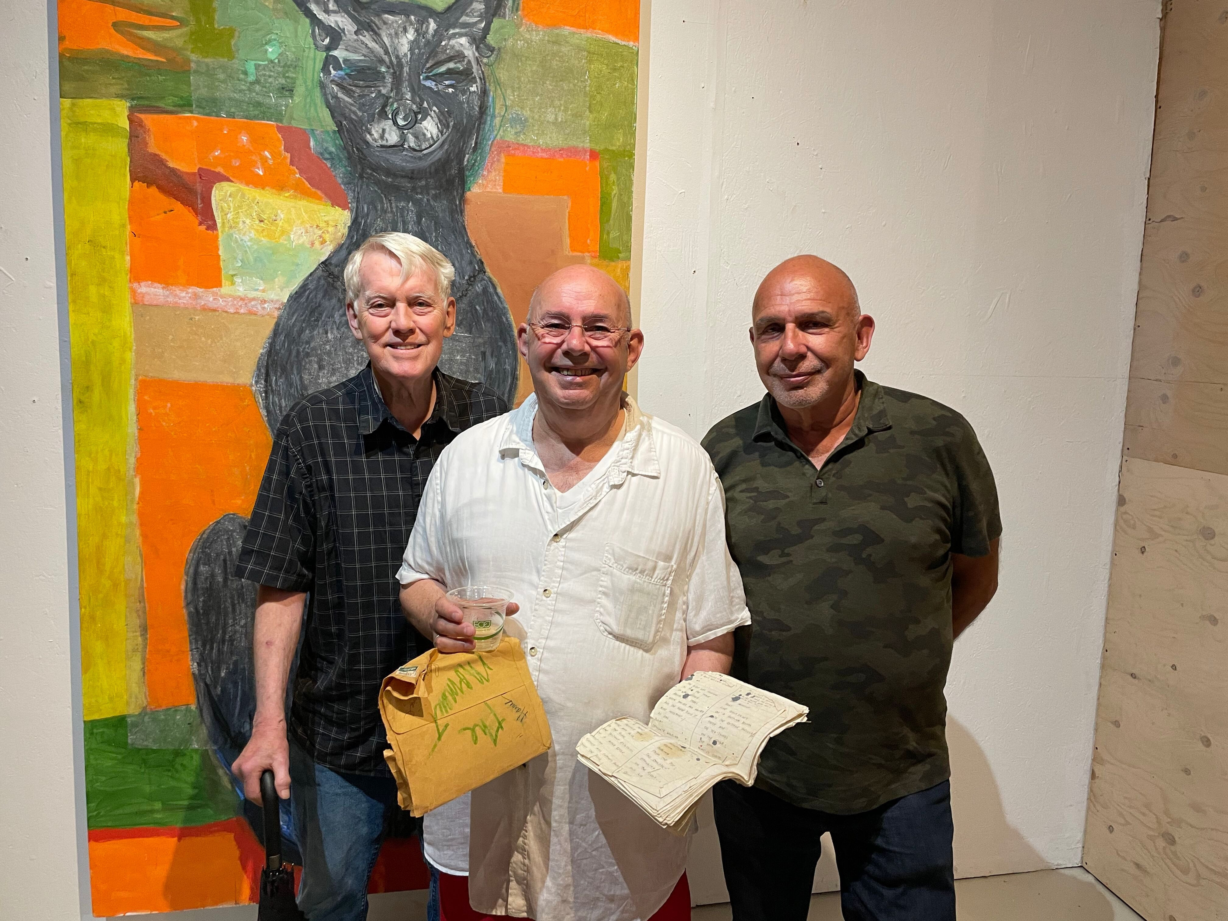 Rick Rowsell, Ron Harrington and Tony Zanetta. Harrigton holds the original script for the first performance Mussmann and Bruce ever put on together. It was&nbsp;Mussmann&#39;s directorial adaptation of "The Moment" by Virginia Wolfe, starring Bruce and Harrington,&nbsp;with sets built by Rowsell.&nbsp;&nbsp;