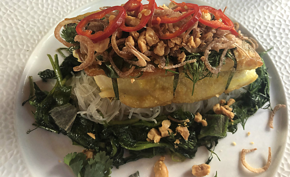 Branzini "Cha Ca," vermicelli noodles, turmeric, scallion, peanut fish sauce vinaigrette Branzini "Cha Ca," vermicelli noodles, turmeric, scallion, peanut fish sauce vinaigrette