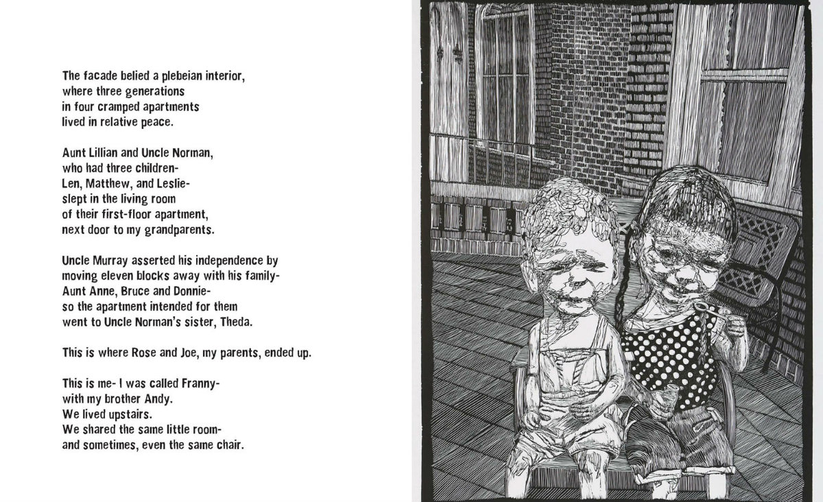 Frances Jetter,&nbsp;Three Generations in One Cramped Apartment, 2018. Illustration for&nbsp;Amalgam&nbsp;by Frances Jetter. Linoleum cut print on paper. Collection of the artist. Image &copy; Frances Jetter. All rights reserved.