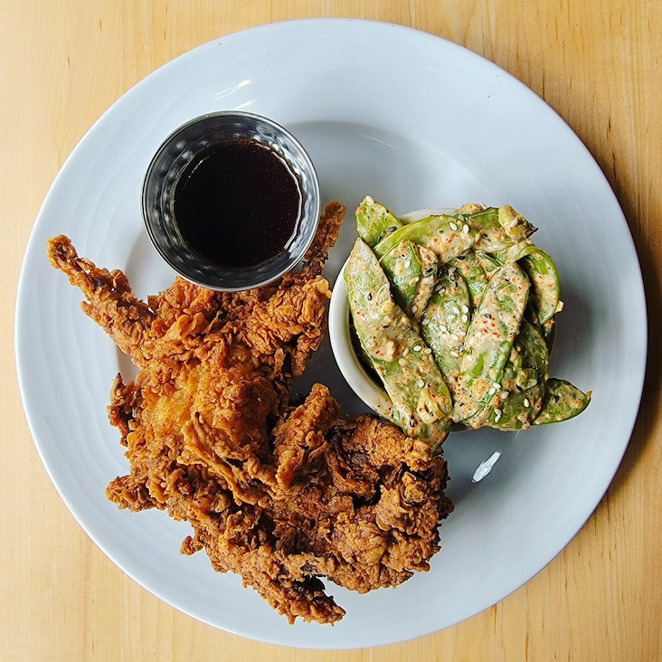 Fried quail, charred snow peas salda, chili honey