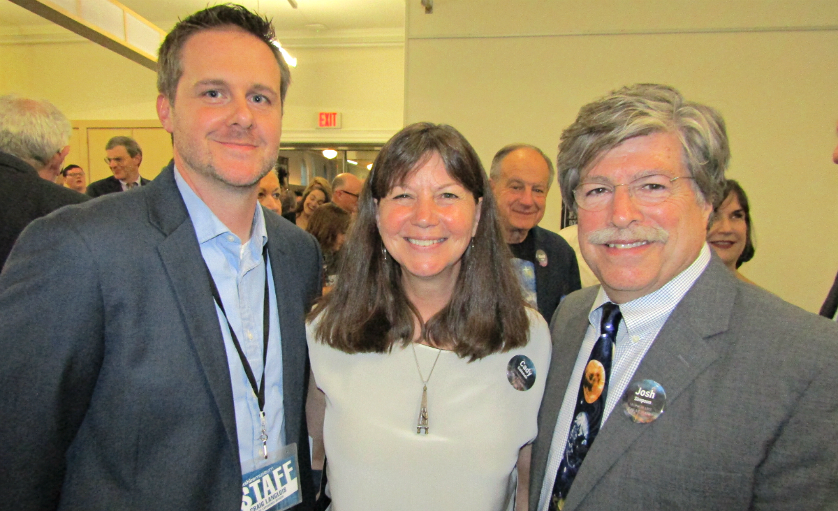 Craig Langlois, the Museum&#39;s Chief Experience Officer, with former astronaut Cady Coleman and glass artist Josh Simpson.