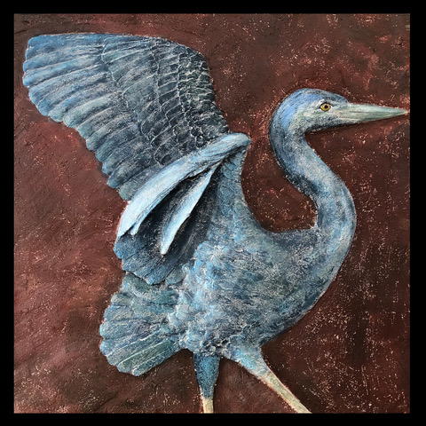 Great Blue Heron, painted ceramic, 28x28.&nbsp;