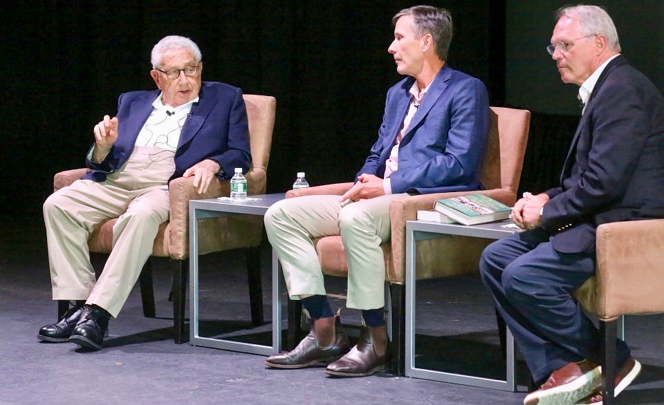 Former Secretary of State Henry Kissinger, journalist John Pomfret, and Ambassador Christopher Hill speak at Kent Presents in 2017.