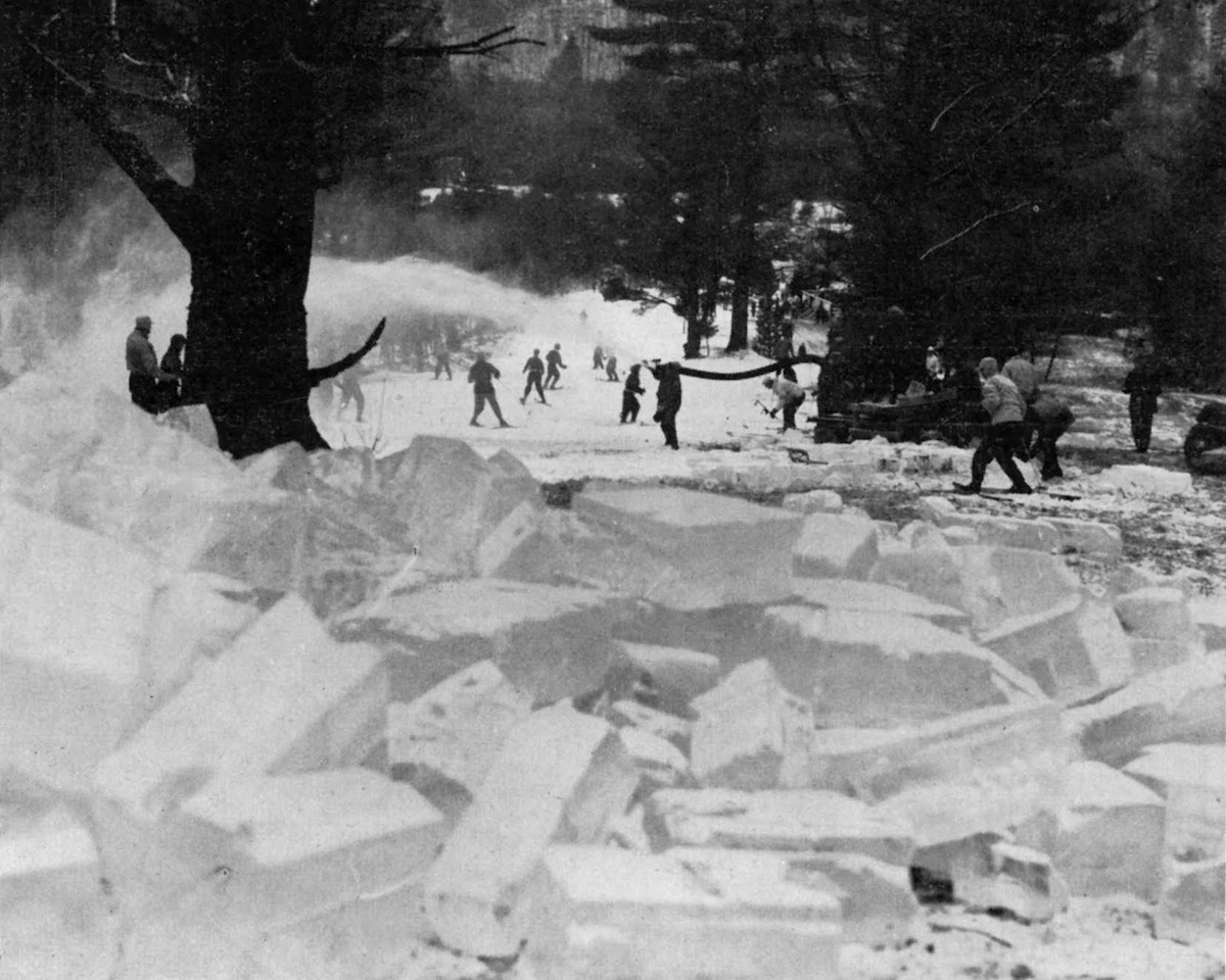Ice blocks to be broken down for snowmaking prior to the invention of the water atomizer. Photo courtesy of the New England Ski&nbsp;Museum.