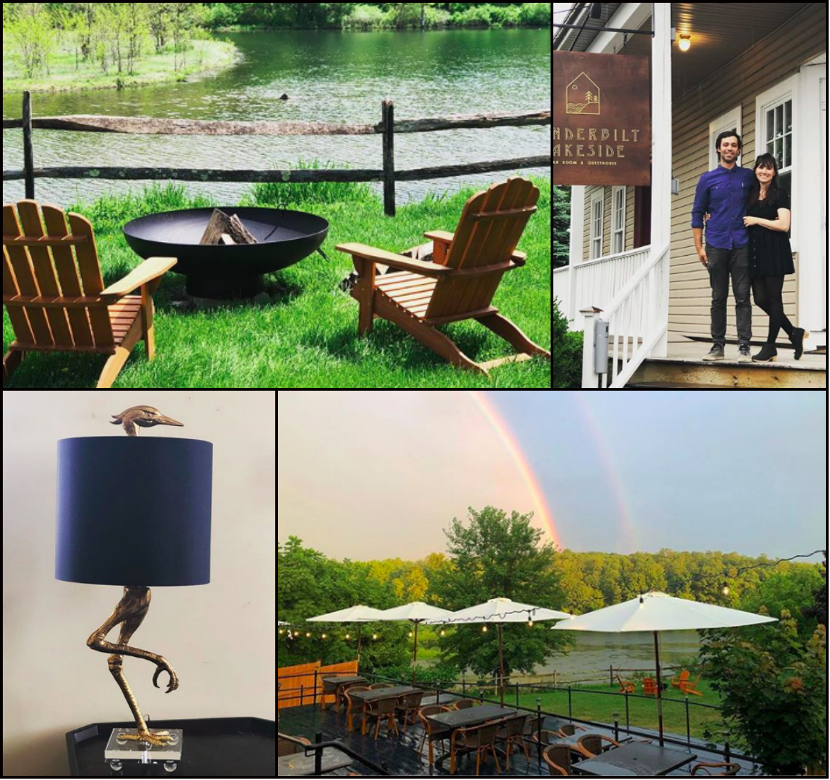L to R: The backyard firepit with a view of Summit Lake, owners Matthew Bray and Henrietta Paris, bird lamp in the game room, a rainbow over the two-tier dining deck