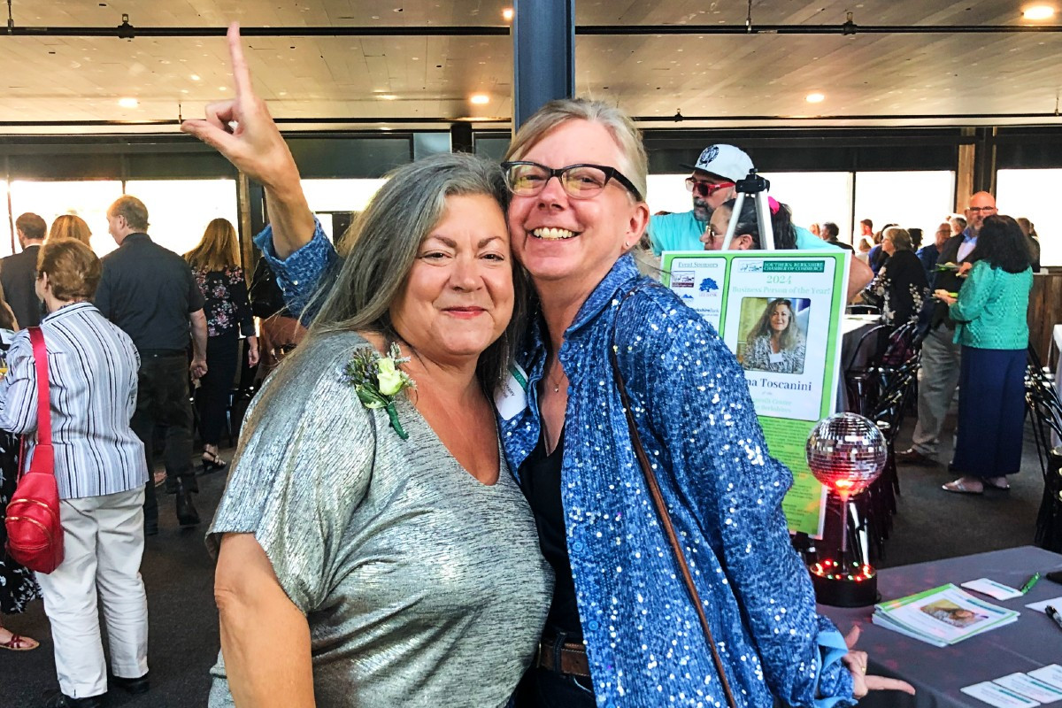 Honoree Liana Toscanini with Ventfort Hall Executive Director Wendy Healey, striking a disco pose in keeping with the event's theme, disco (Liana's request). Honoree Liana Toscanini with Ventfort Hall Executive Director Wendy Healey, striking a disco pose in keeping with the event's theme, disco (Liana's request).