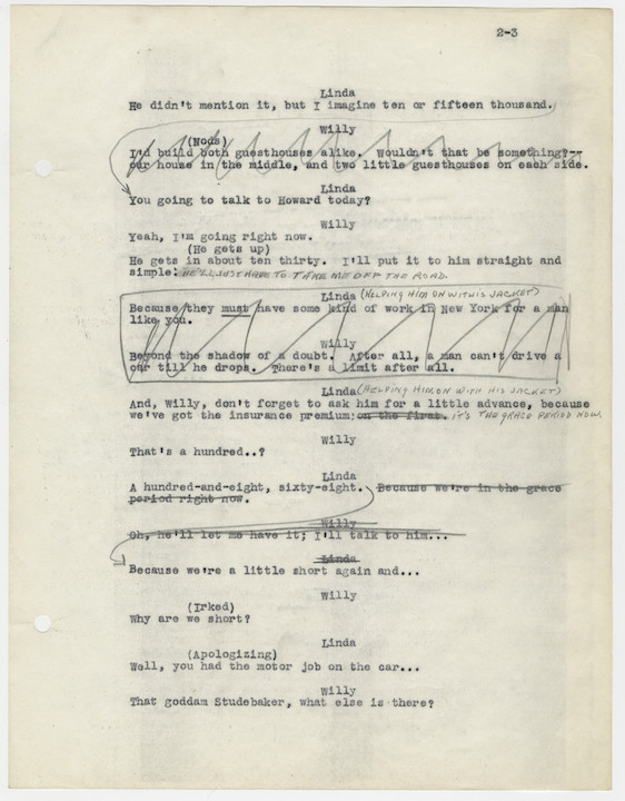 Miller&rsquo;s revisions on draft page of script. Harry Ransom Center, The University of Texas at Austin.&nbsp;Text content &copy;Arthur Miller, used by permission of The Wylie Agency, LLC.