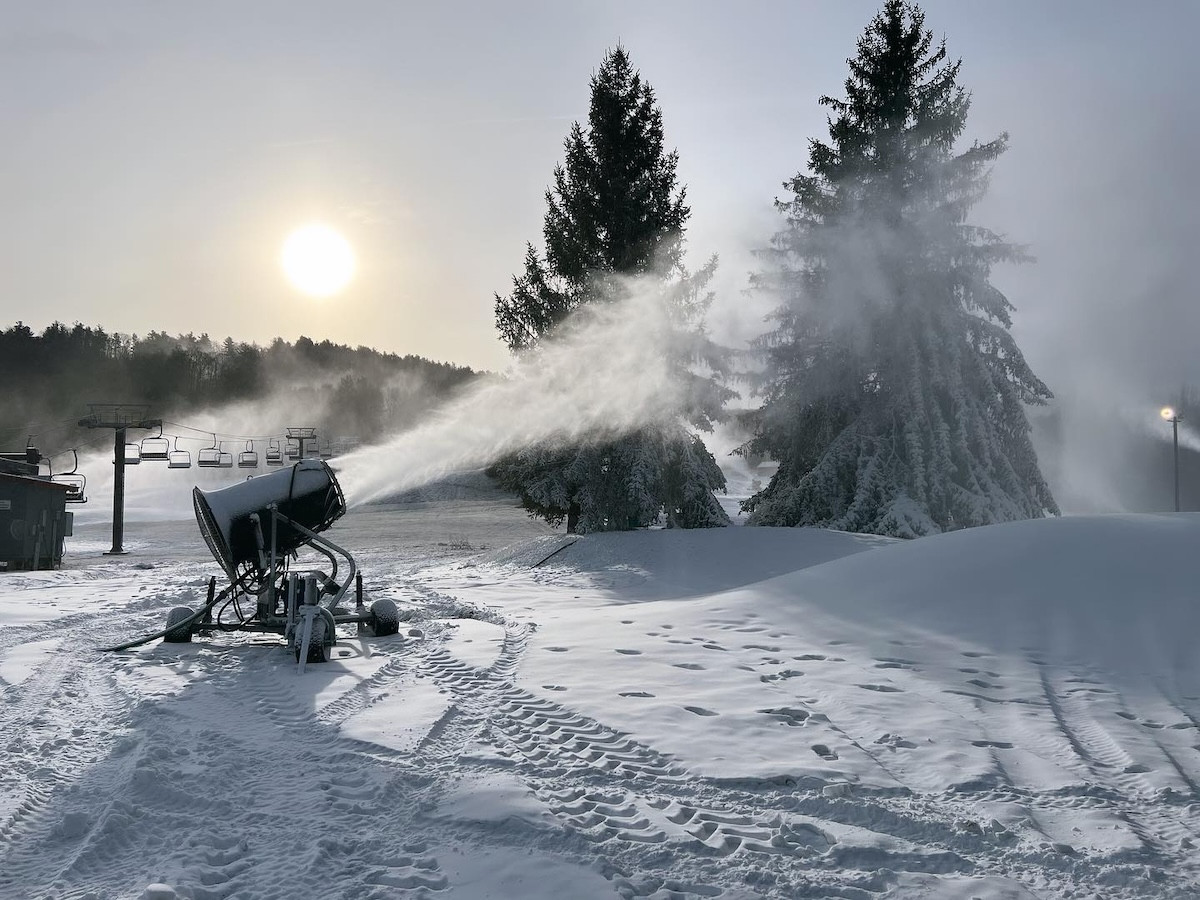 A modern snowmaking machine at the Mohawk Mountain ski area. Photo courtesy of&nbsp;Mohawk Mountain Ski Area.
