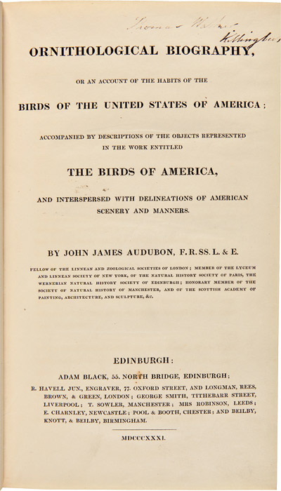 Ornithological Biography, by J.J. Audubon, 1831. On loan from Willaim Reese Company, New Haven Ornithological Biography, by J.J. Audubon, 1831. On loan from Willaim Reese Company, New Haven