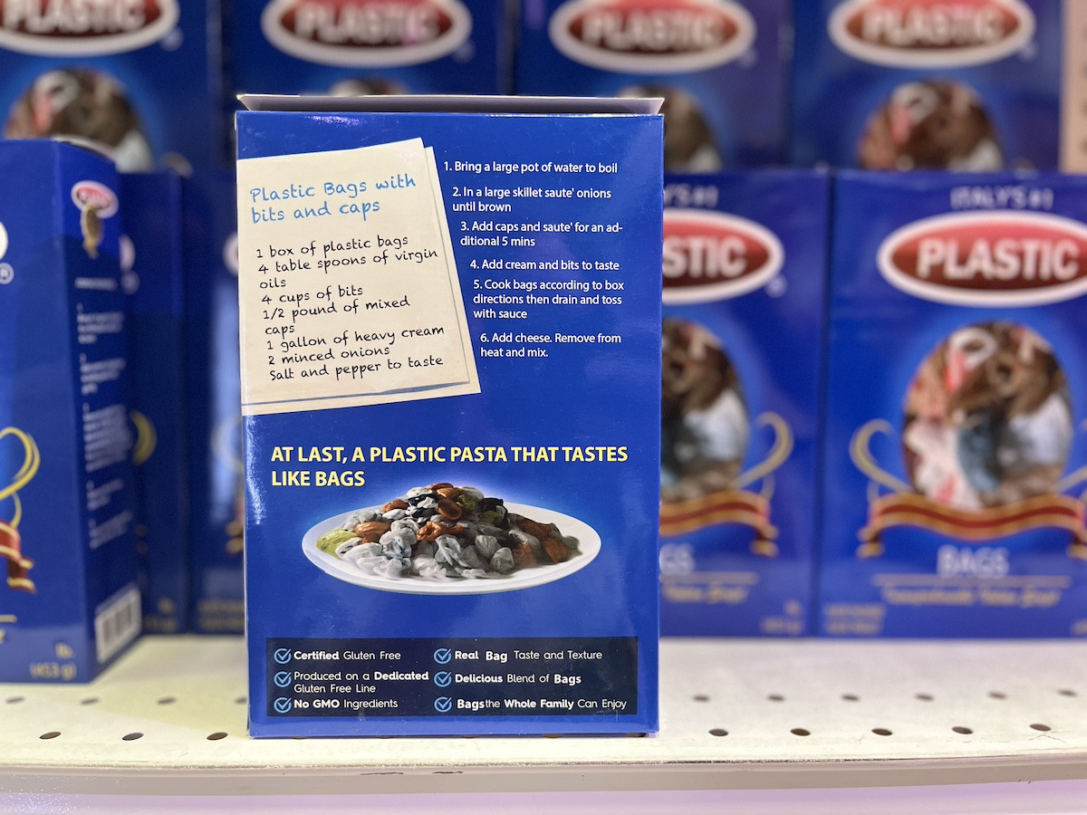 The back of a box of “Italy’s #1 Plastic Bags,” a spoof on Barilla pasta. Photo: Julia Dixon The back of a box of “Italy’s #1 Plastic Bags,” a spoof on Barilla pasta. Photo: Julia Dixon
