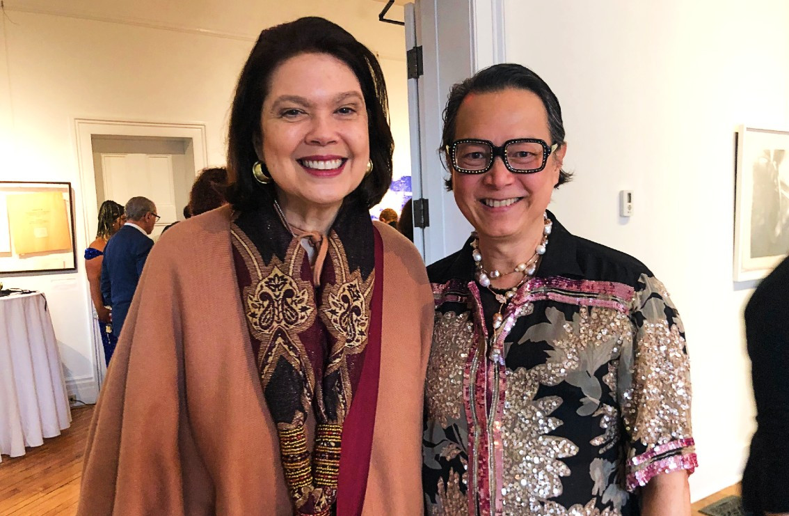 Christine Pomeranz, chairperson of International Trade and Marketing for Fashion Industries at FIT; and Greg Urra, owner of Vintage Black Label,&nbsp;dressed eyeglasses-to-toe in vintage sparkles