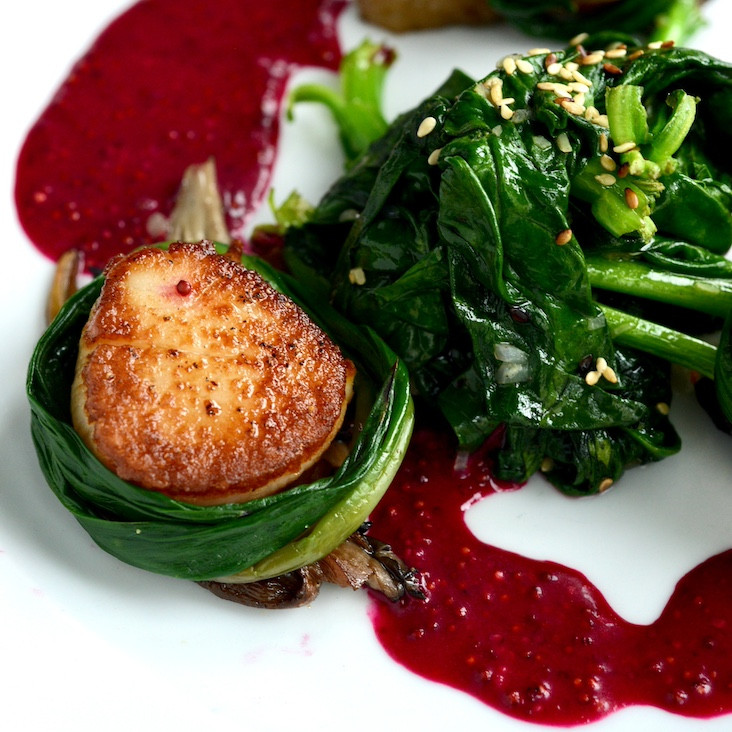 Ramp-wrapped scallops from the April menu - Nina Bachinsky Gimmel