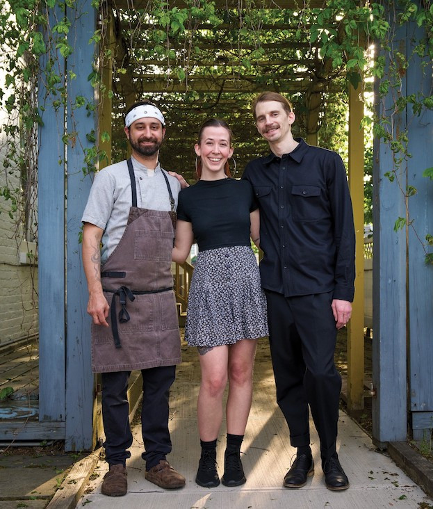 Chef Mark Margiotta, Bar Director Madeline Dillon, and General Manager Eric Mushel outside the restaurant. Photo: David McIntyre