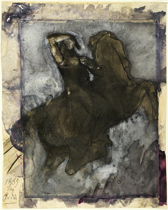 Auguste Rodin (French, 1840&ndash;1917),&nbsp;Horseman&nbsp;(recto); Horse and Rider&nbsp;(verso),&nbsp;c. 1886-89. Graphite, pen and ink, gouache, and traces of faded ink; graphite (verso) on wove,&nbsp;paper, tipped onto wove paper. Art Institute of Chicago, Alfred Stieglitz Collection, 1949.580. At Clark Art Institute.