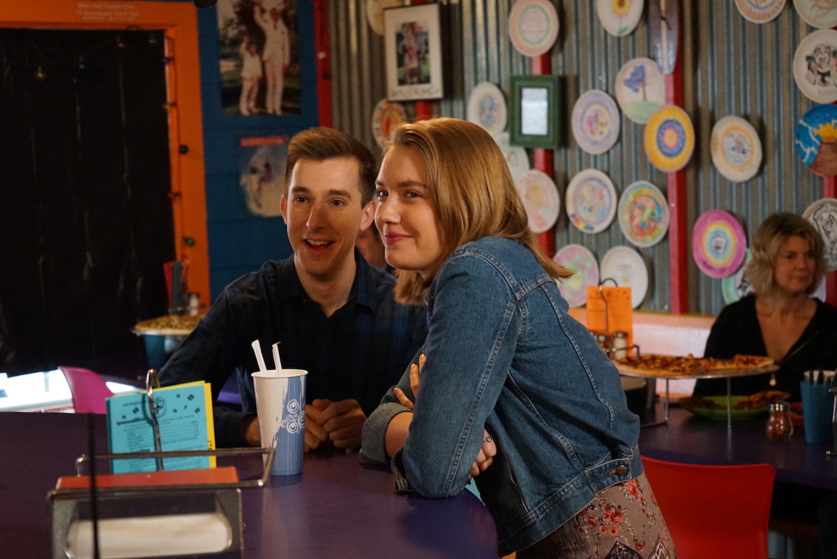 Actors&nbsp;Kyle Derosiers (Nathan) and Sara Ball (Sarah)&nbsp;on set at Betty&#39;s Pizza Shack&nbsp;(photo by&nbsp;Emilija Baksys)