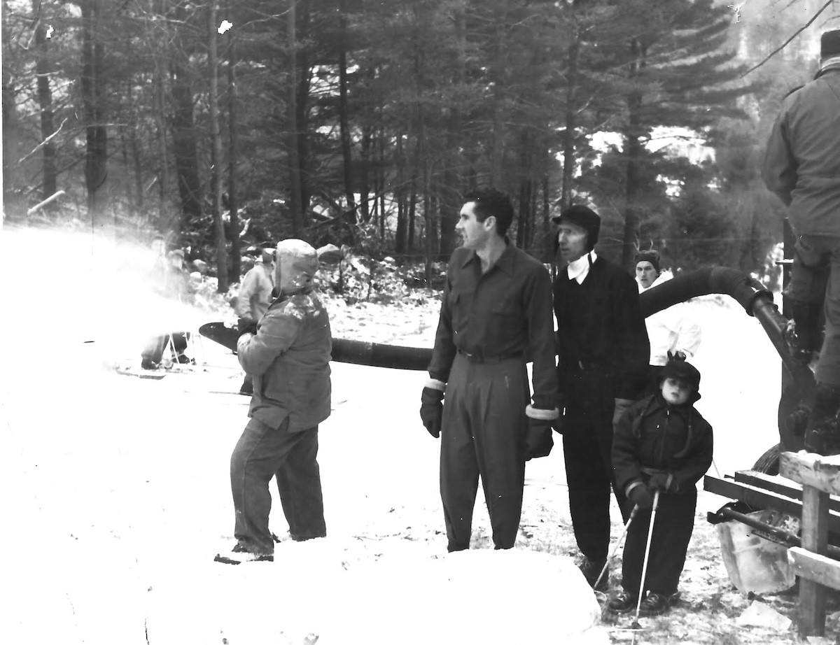 In January 1950, more than 700 tons of ice&nbsp;blocks were pulverized and spread on Mohawk Mountain&#39;s ski trails. Photo courtesy of the New England Ski&nbsp;Museum.
