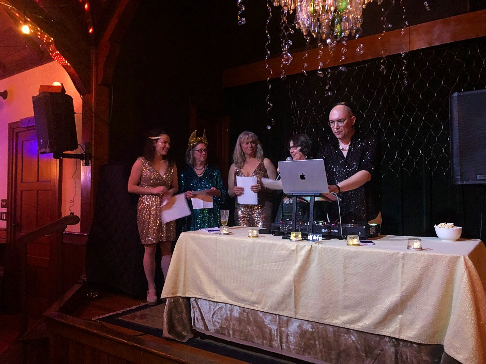 Thanking the supporters are Clara Stickney, Noreen Driscoll, Wenonah Webster, and Beth Carlson, with DJ BFG standing by to start the dance party. Thanking the supporters are Clara Stickney, Noreen Driscoll, Wenonah Webster, and Beth Carlson, with DJ BFG standing by to start the dance party.