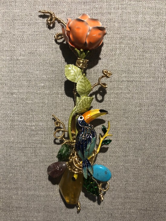 Homme Couture Brooch: vintage pin, 14k gold-filled wire, pink tourmaline, green tourmaline, citrine, turquoise, 5.5" x 1.5"