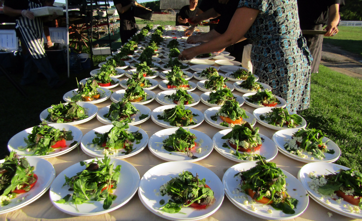 The first course, with heirloom tomatoes from Berry Patch Farm, greens from Equinox Farm and the Village's own herb pesto. The first course, with heirloom tomatoes from Berry Patch Farm, greens from Equinox Farm and the Village's own herb pesto.