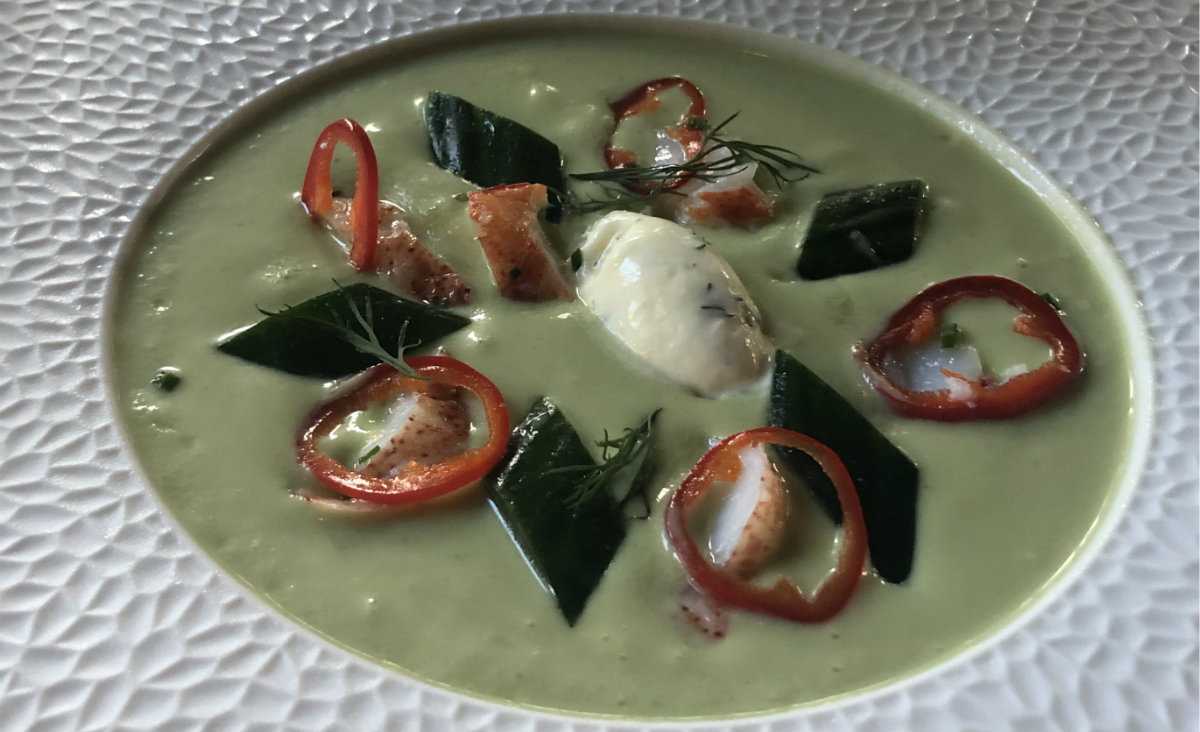 Chilled cucumber and avocado soup, lobster, dill cream, pickled Fresno chilies Chilled cucumber and avocado soup, lobster, dill cream, pickled Fresno chilies
