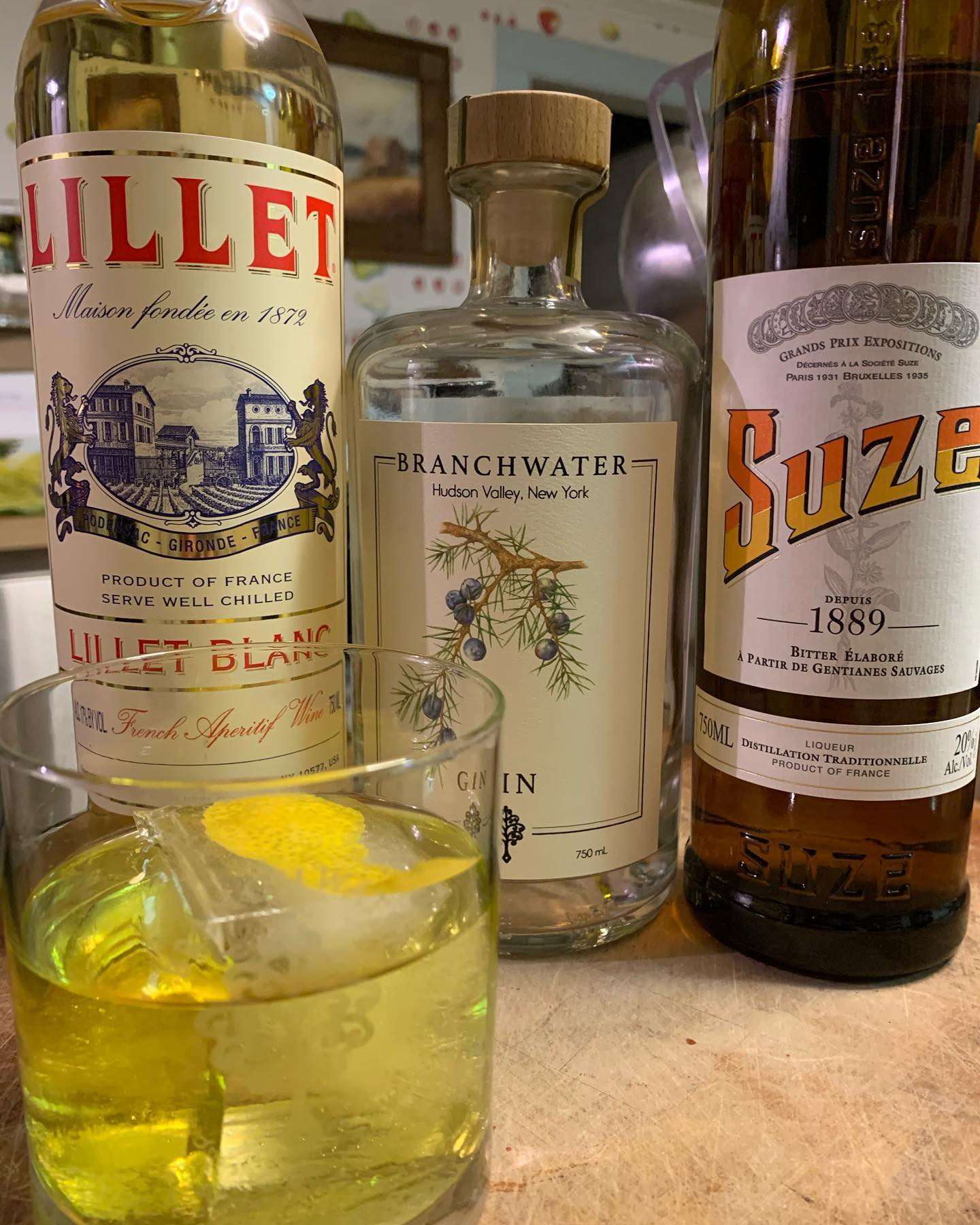 A white Negroni

&bull;1 1/2 ounces Branchwater Gin
&bull;1 ounce Lillet Blanc
&bull;1/2 ounce Suze