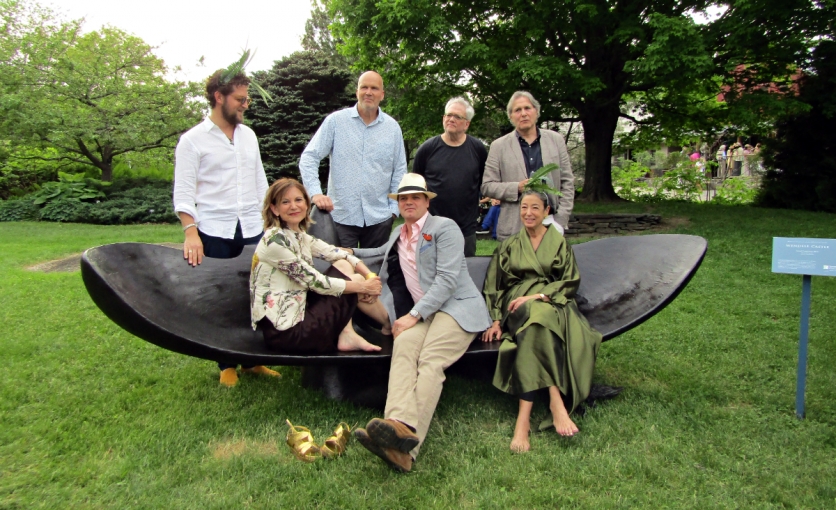<p>Sculptors featured in the exhibit&nbsp;<em>Beautiful Strangers</em>&nbsp;pose with the late Wendell Castle&rsquo;s&nbsp;Grand Temptation. L to R standing:&nbsp;<strong>Fitzhugh Karol,&nbsp;Mark Mennin,&nbsp;Stephen Talasnik</strong>&nbsp;and&nbsp;<strong>Ned Smyth</strong>. L to R seated:&nbsp;<strong>Toni Ross</strong>, curator&nbsp;<strong>James Salomon</strong>&nbsp;and&nbsp;<strong>Michele Oka Doner</strong></p>
